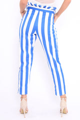 Blue and White Striped Tie Waist Tapered Trousers - Dura-Trousers