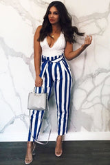 Blue and White Striped Tie Waist Tapered Trousers - Dura-Trousers
