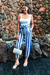 Blue and White Striped Tie Waist Tapered Trousers - Dura-Trousers