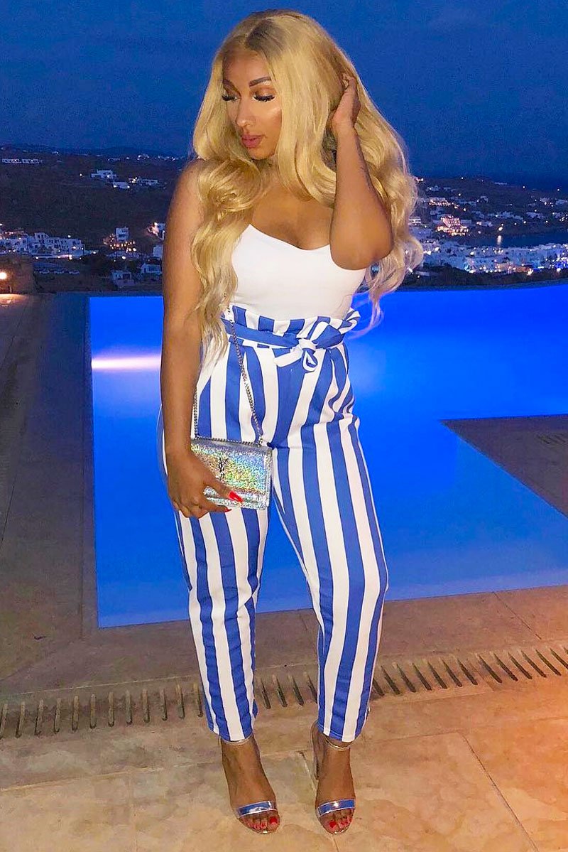 Blue and White Striped Tie Waist Tapered Trousers - Dura-Trousers
