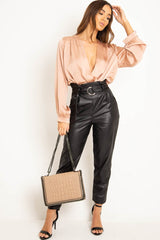 Blush Chiffon Plunge Blouson Sleeve Bodysuit - Liah-Bodysuits