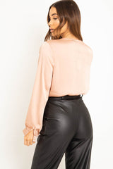 Blush Chiffon Plunge Blouson Sleeve Bodysuit - Liah-Bodysuits