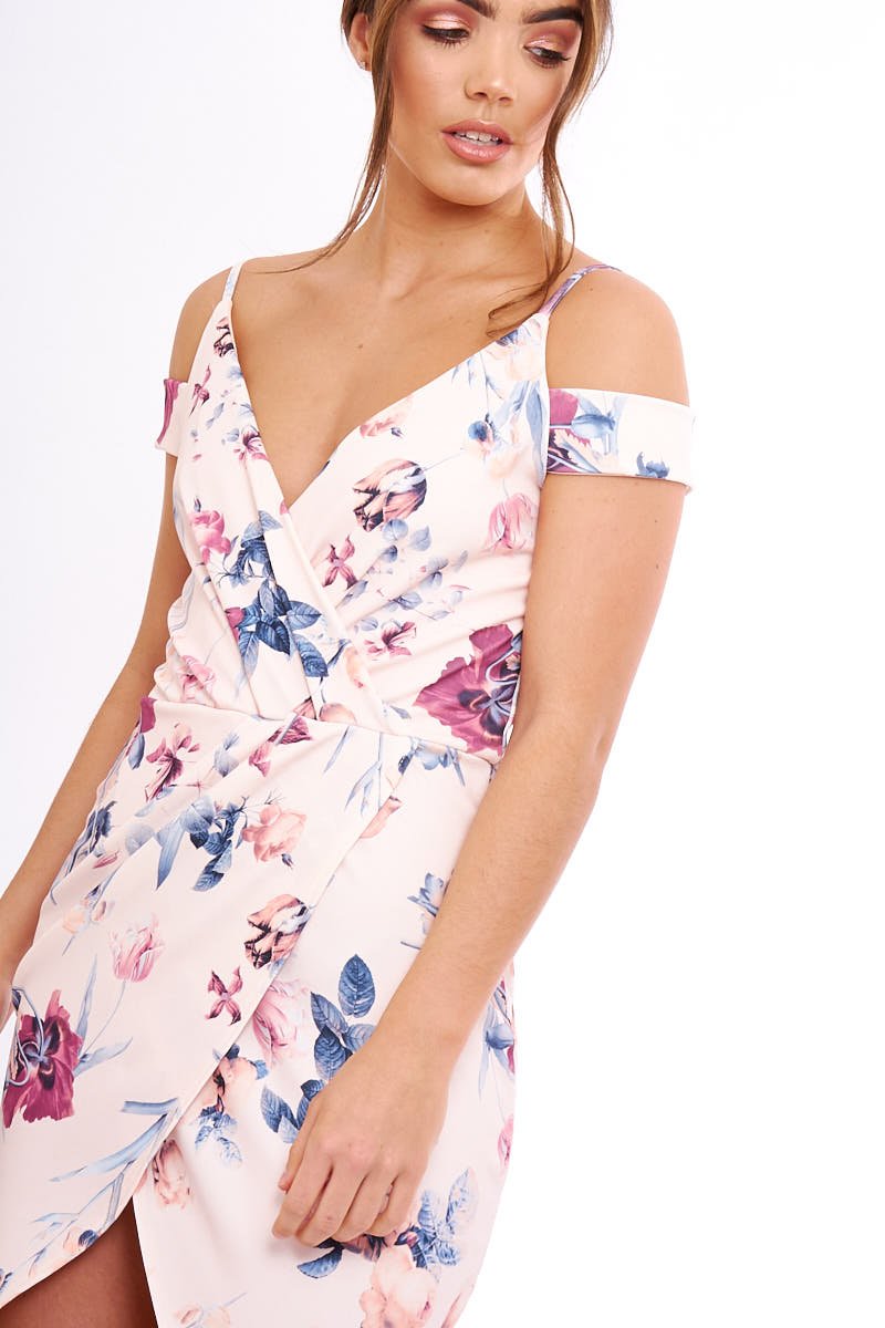 Blush Floral Cold Shoulder Wrap Midi Dress - Karoline-Dresses