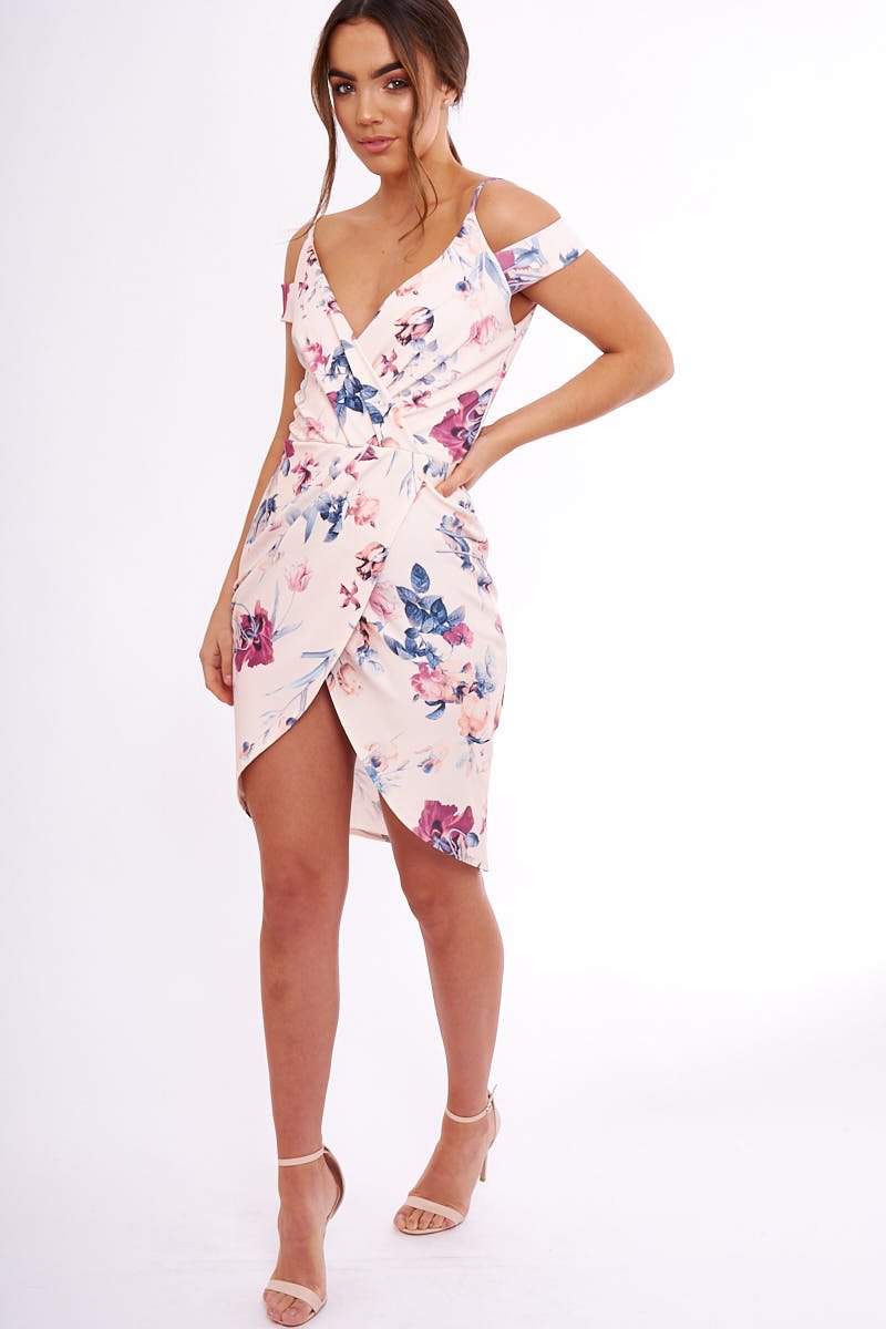 Blush Floral Cold Shoulder Wrap Midi Dress - Karoline-Dresses