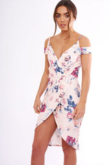 Blush Floral Cold Shoulder Wrap Midi Dress - Karoline-Dresses