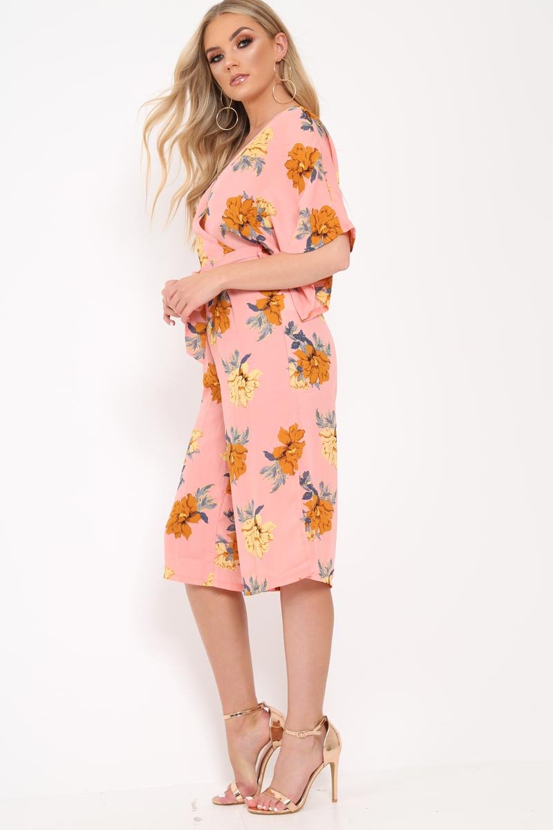 Blush Floral Kimono Sleeve Culotte Jumpsuit - Alyia-Jumpsuits