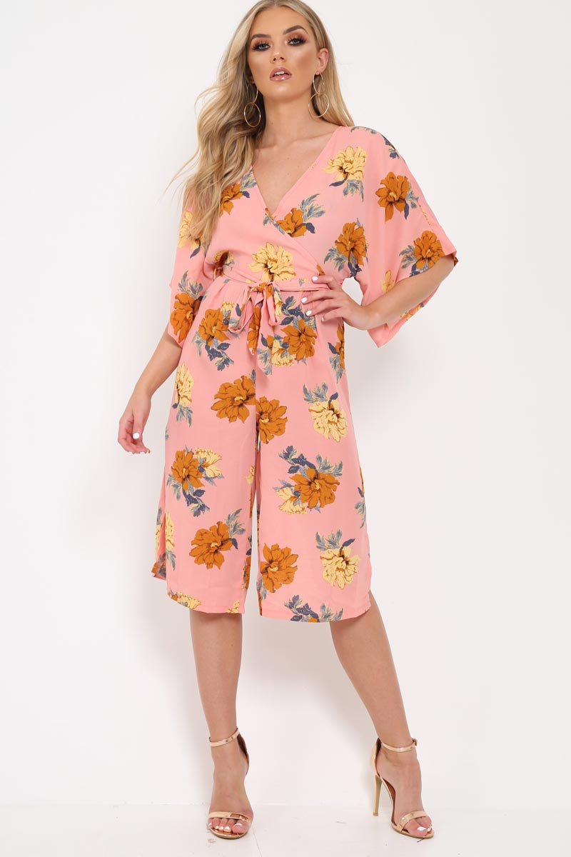 Blush Floral Kimono Sleeve Culotte Jumpsuit - Alyia-Jumpsuits