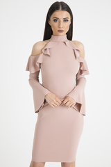 Blush Frill Detail Cold Shoulder Dress - Bonnie-Dresses