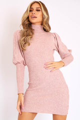 Blush High Neck Balloon Sleeve Knitted Dress - Ginna-Dresses