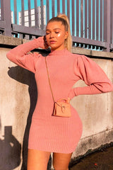 Blush High Neck Balloon Sleeve Knitted Dress - Ginna-Dresses