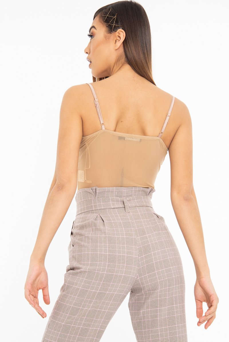 Blush Mesh Satin Cup Stripe Detail Bodysuit - Valencia-Bodysuits