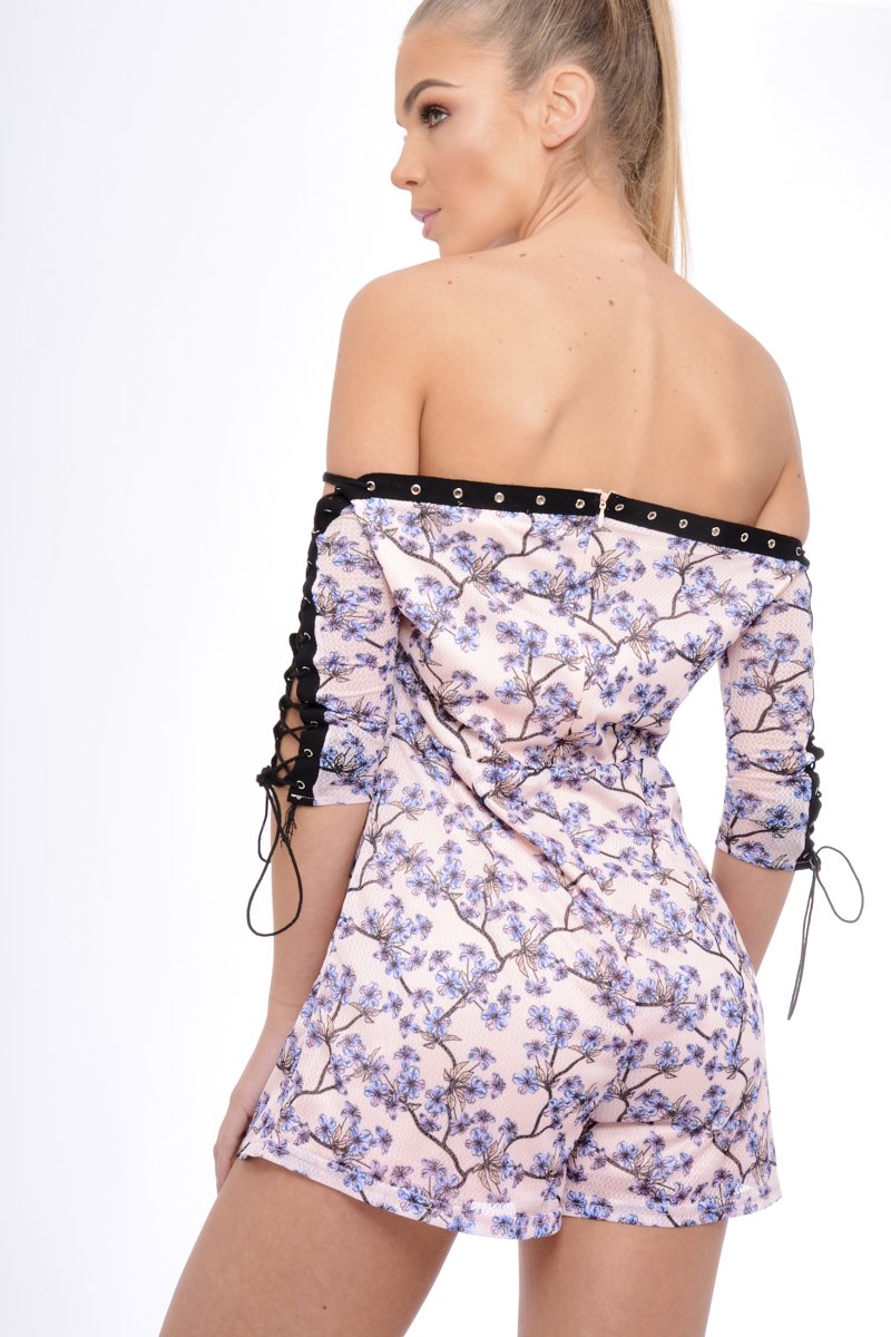 Blush Oriental Print Eyelet Lace Up Playsuit - Suzannah-Playsuits