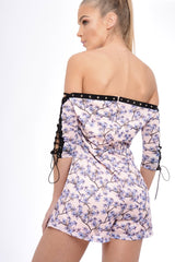 Blush Oriental Print Eyelet Lace Up Playsuit - Suzannah-Playsuits