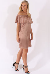 Blush Satin Bardot Frill Dress - Alura-Dresses