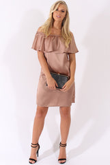 Blush Satin Bardot Frill Dress - Alura-Dresses