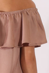 Blush Satin Bardot Frill Dress - Alura-Dresses