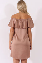 Blush Satin Bardot Frill Dress - Alura-Dresses