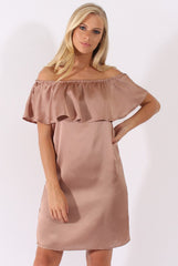 Blush Satin Bardot Frill Dress - Alura-Dresses