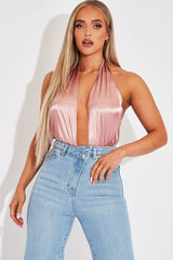 Blush Satin Plunge Halter Bodysuit - Aleesia-Bodysuits