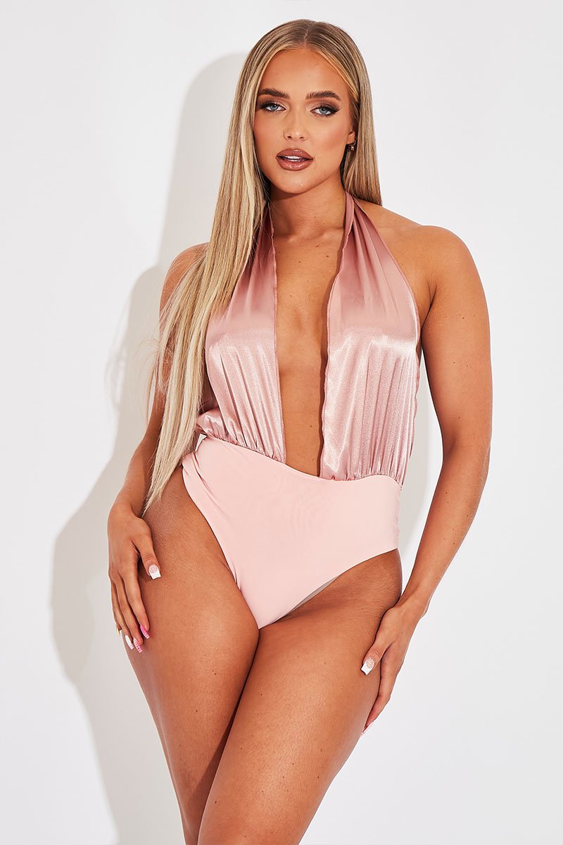 Blush Satin Plunge Halter Bodysuit - Aleesia-Bodysuits