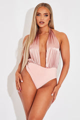 Blush Satin Plunge Halter Bodysuit - Aleesia-Bodysuits