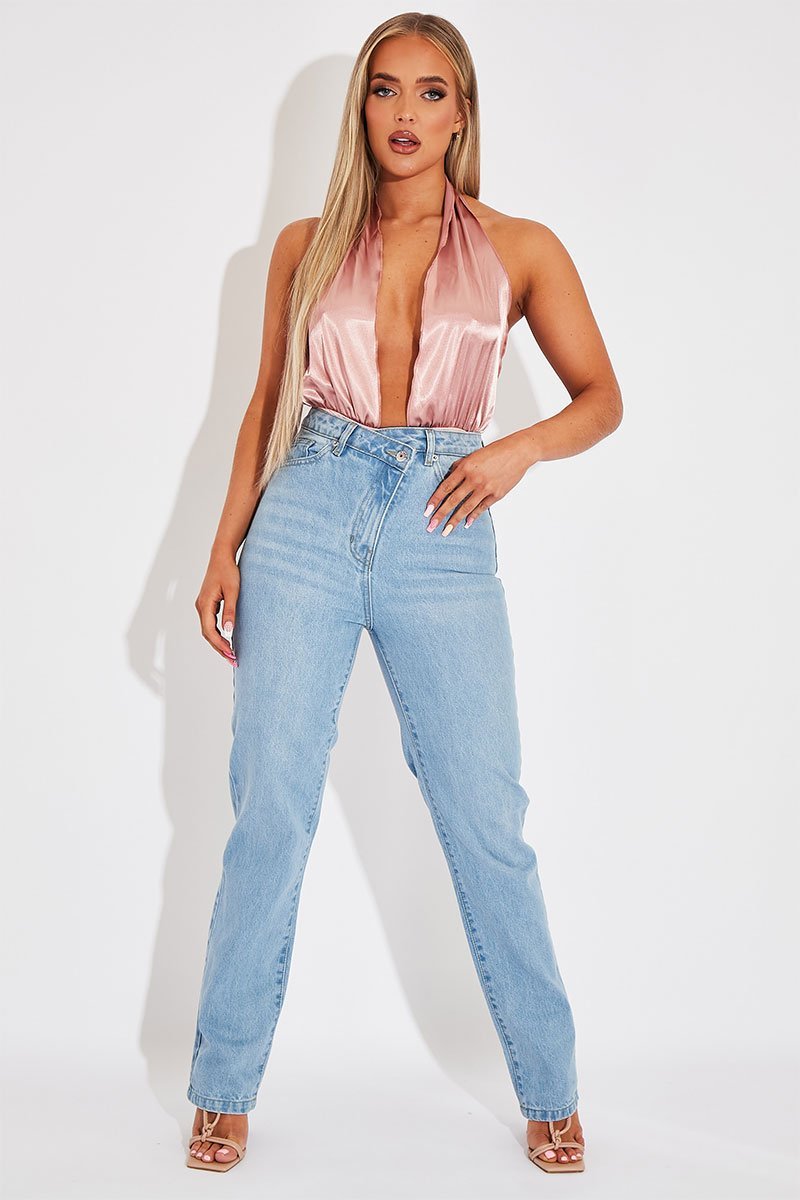 Blush Satin Plunge Halter Bodysuit - Aleesia-Bodysuits