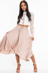 Blush Satin Wrap Drawstring Waist Midi Skirt - Scarlett-Skirts