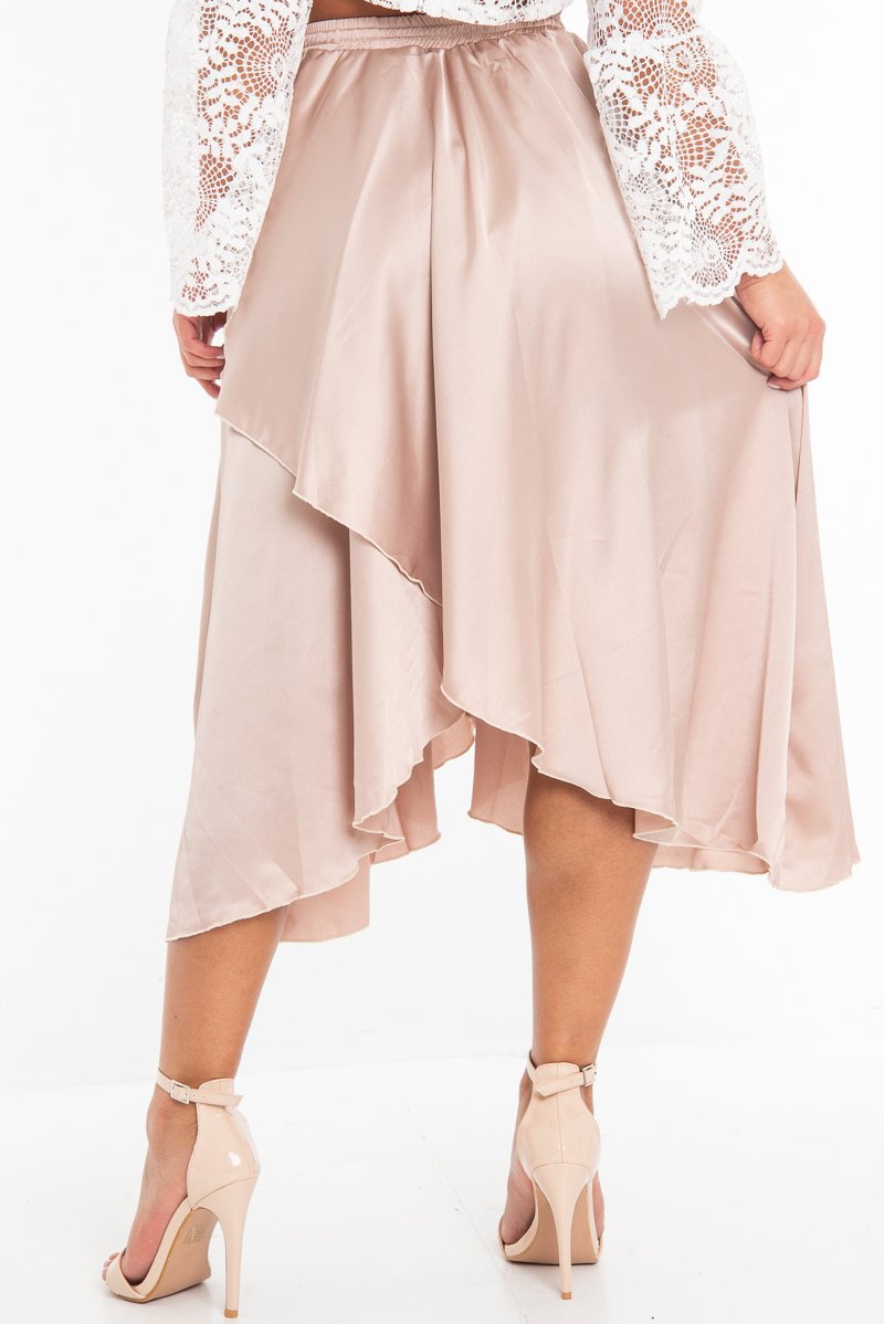Blush Satin Wrap Drawstring Waist Midi Skirt - Scarlett-Skirts