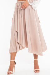 Blush Satin Wrap Drawstring Waist Midi Skirt - Scarlett-Skirts