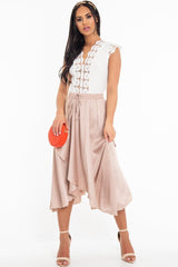 Blush Satin Wrap Drawstring Waist Midi Skirt - Scarlett-Skirts
