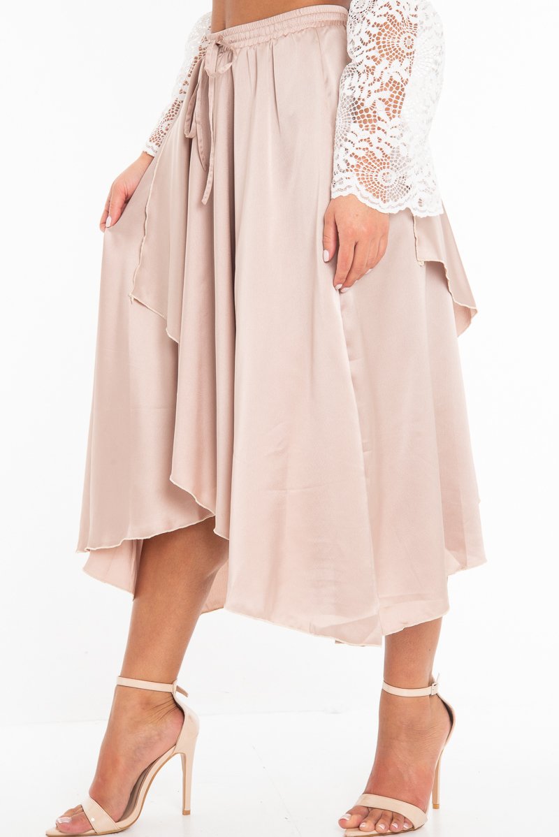 Blush Satin Wrap Drawstring Waist Midi Skirt - Scarlett-Skirts