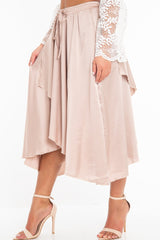 Blush Satin Wrap Drawstring Waist Midi Skirt - Scarlett-Skirts