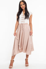 Blush Satin Wrap Drawstring Waist Midi Skirt - Scarlett-Skirts