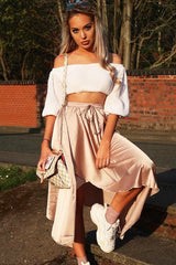 Blush Satin Wrap Drawstring Waist Midi Skirt - Scarlett-Skirts