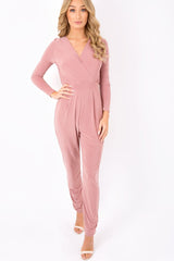 Blush Wrap Front Long Sleeved Slinky Jumpsuit - Kendal-Jumpsuits