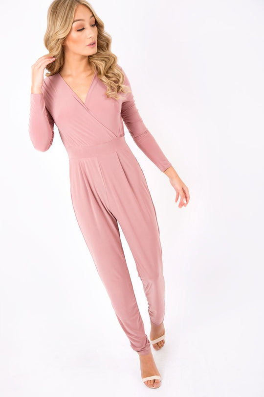 Blush Wrap Front Long Sleeved Slinky Jumpsuit - Kendal