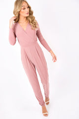 Blush Wrap Front Long Sleeved Slinky Jumpsuit - Kendal-Jumpsuits