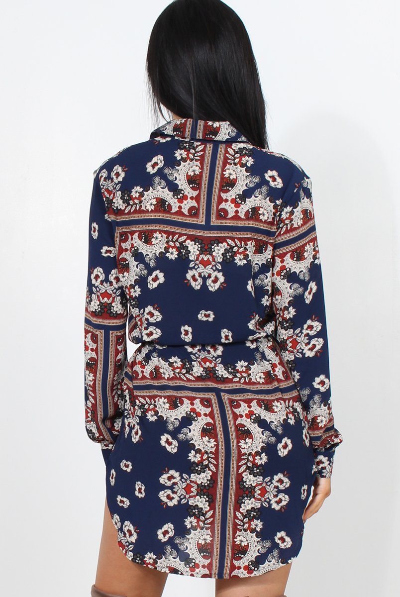 Bono Navy Paisley Print Shirt Dress-Dresses