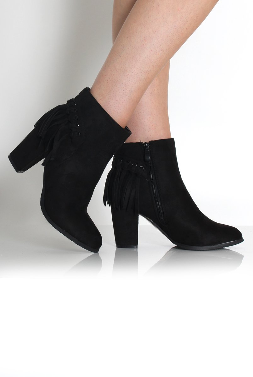 Brandy Black Suede Tassel Ankle Boots-Boots