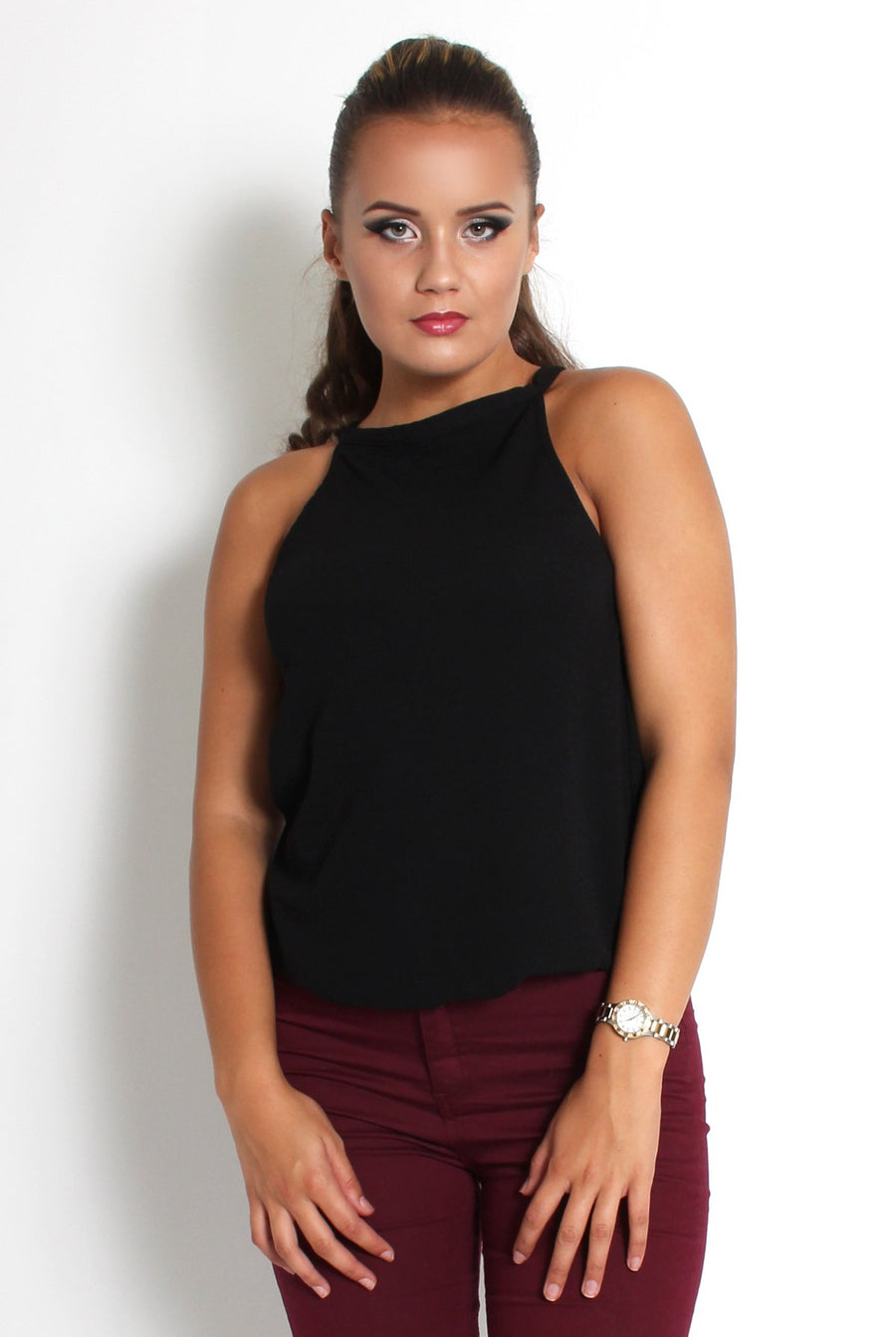 Brianna Black High Neck Top-Tops
