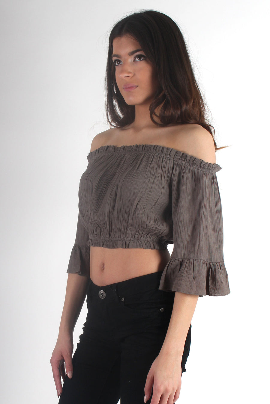 Brit Khaki Off The Shoulder Crop-Dresses