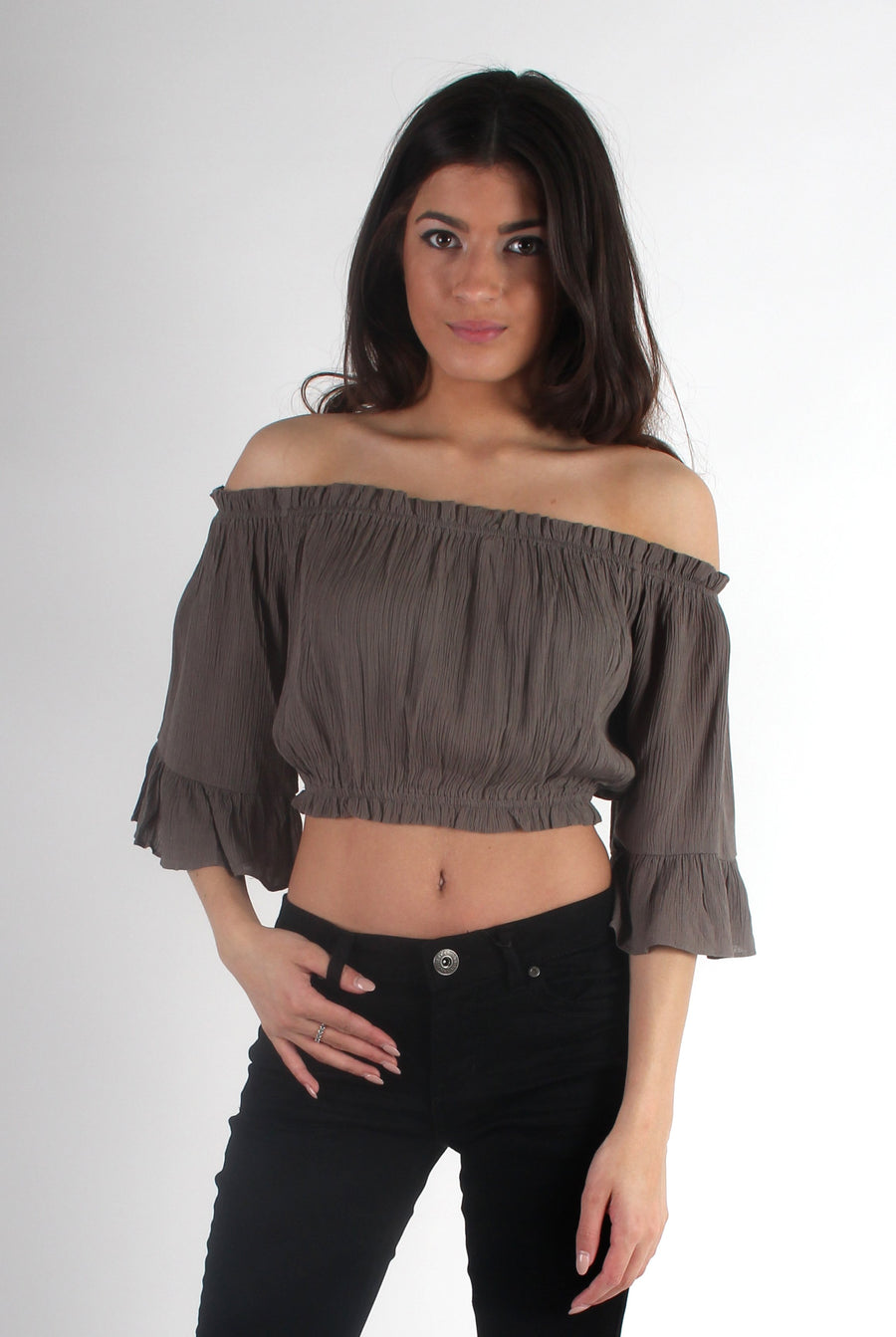 Brit Khaki Off The Shoulder Crop-Dresses