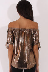 Bronze Metallic Bardot Cold Shoulder Top - Aiko-Tops