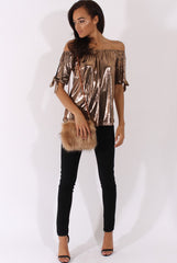 Bronze Metallic Bardot Cold Shoulder Top - Aiko-Tops