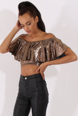 Bronze Metallic Bardot Frill Crop Top - Ariana-Crop Tops
