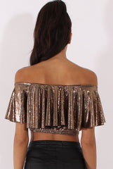 Bronze Metallic Bardot Frill Crop Top - Ariana-Crop Tops