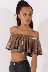 Bronze Metallic Bardot Frill Crop Top - Ariana-Crop Tops