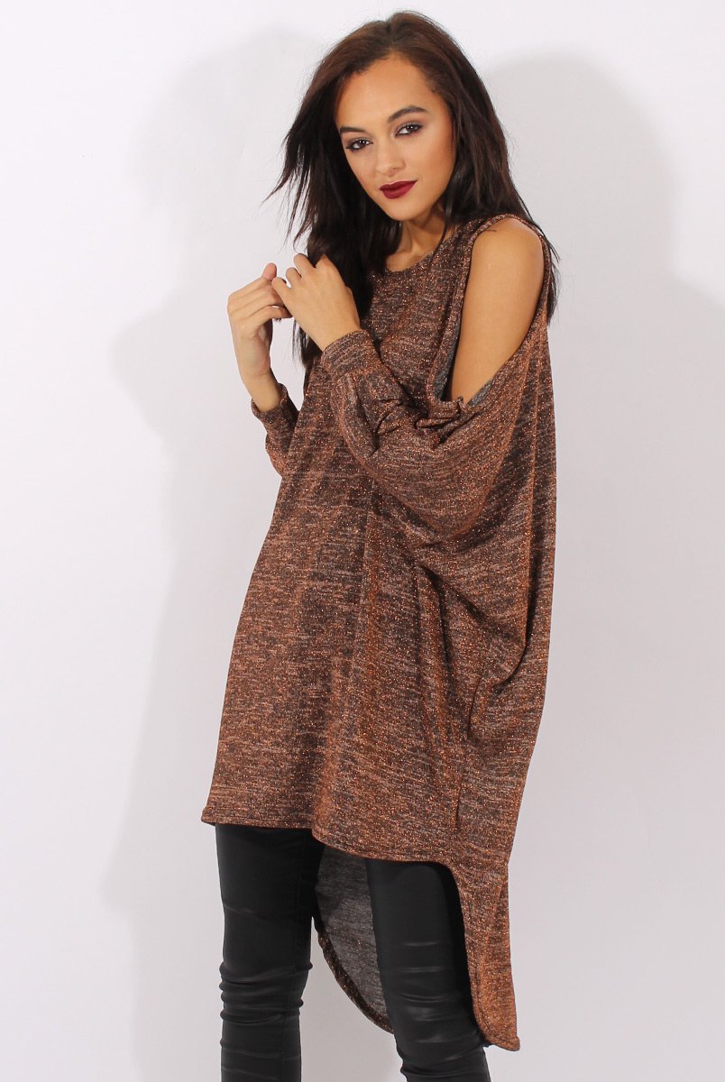 Bronze Metallic Cold Shoulder Dipped Hem Sweater - Rosi-Jumpers