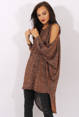 Bronze Metallic Cold Shoulder Dipped Hem Sweater - Rosi-Jumpers