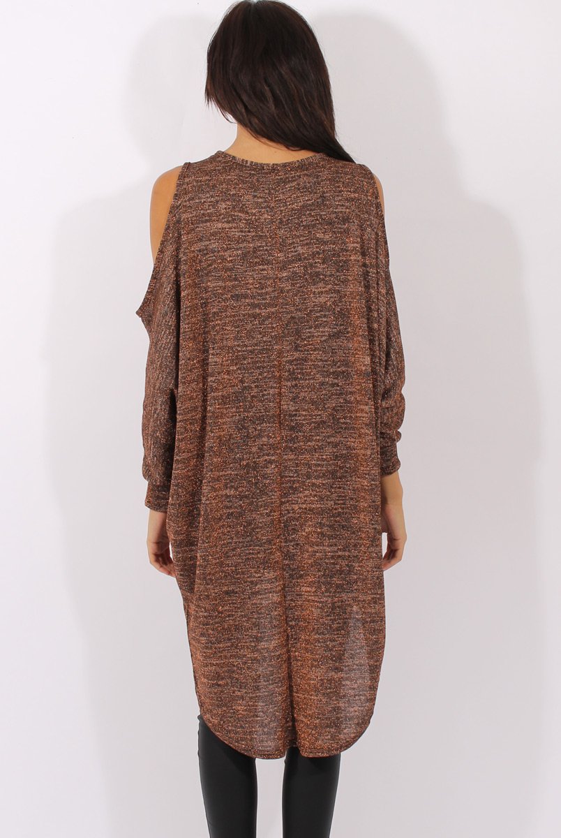 Bronze Metallic Cold Shoulder Dipped Hem Sweater - Rosi-Jumpers